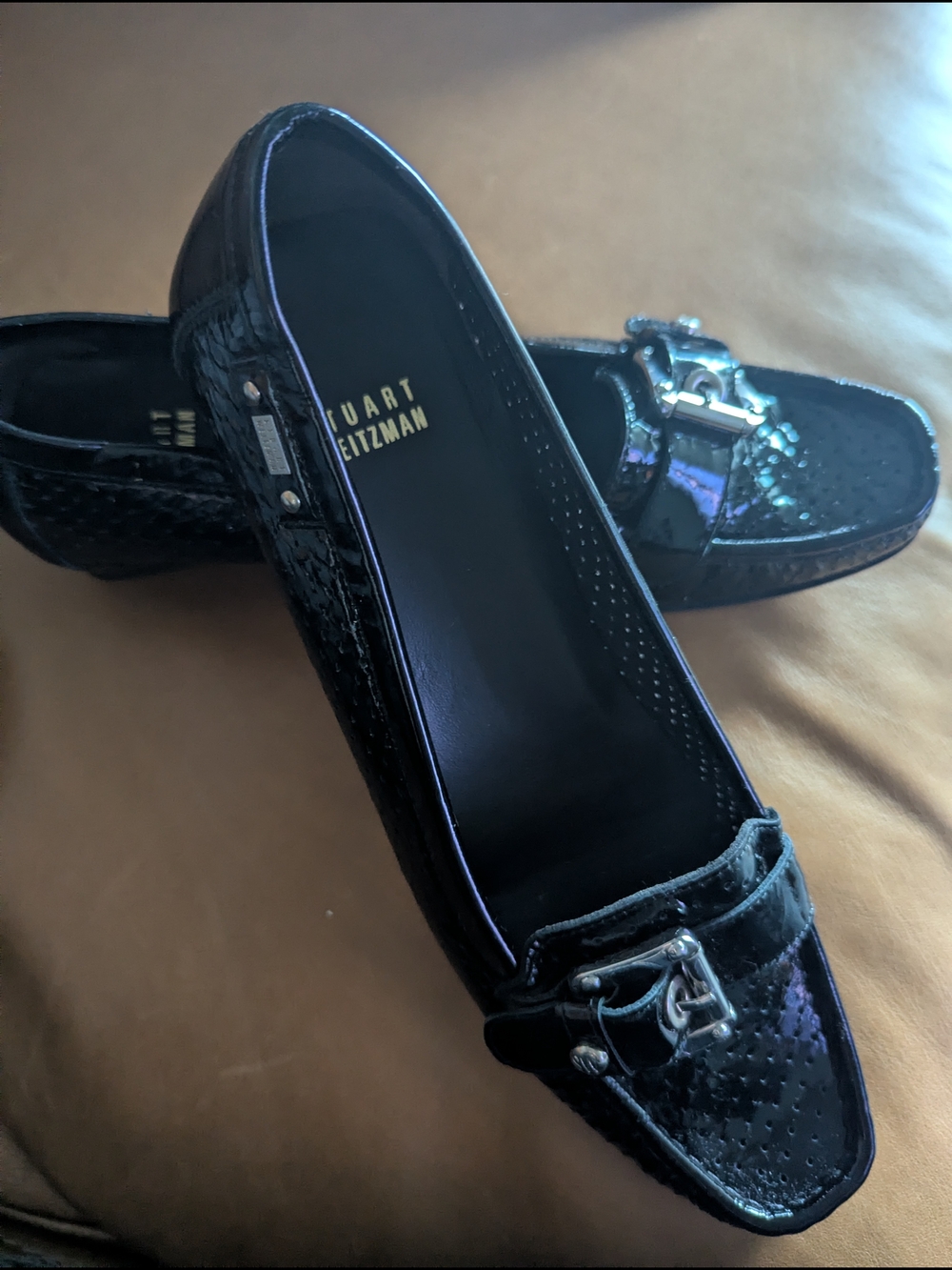 Stuart Weitzman Black Patent Leather Loafers with Silver Hardware 9m